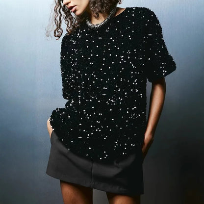 2025 Spring Sexy Women Velvet Sequins Shirt Top Elegant Short Sleeve O Neck Loose Sparkle Guest Party T-shirt Night Clubwear