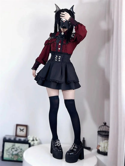 Kawaii Off Shoulder Long Sleeve Shirts Women Black Short Skirt Set Y2K Gothic Ruffle Skirts Lace Lolita Shirt Gown Suit ﻿﻿﻿﻿﻿