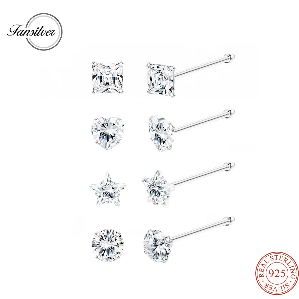Fansilver 8Pcs 22G 925 Sterling Silver Nose Earring Rings Studs Tiny 3mm Assorted Shapes CZ Inlaid Nose Body Piercing Jewelry