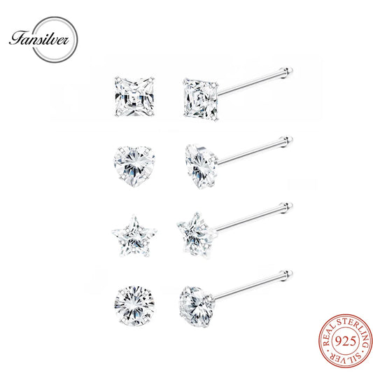 Fansilver 8Pcs 22G 925 Sterling Silver Nose Earring Rings Studs Tiny 3mm Assorted Shapes CZ Inlaid Nose Body Piercing Jewelry