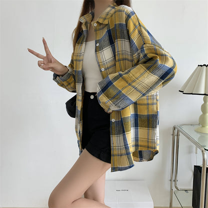 Women Tartan Shirt Long Sleeve Collared Button Up Oversized Plaid Shirt Jacket Grunge Fashion Teenage Girl Spring Summer Outfit