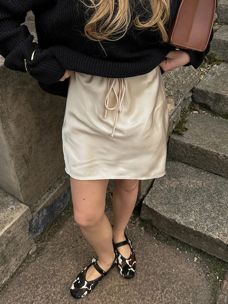 Satin Mini Skirts Women Summer Beige Silk Short Skirt For Woman Drawstring High Waist Black Satin Skirt A Line Women Short 2025