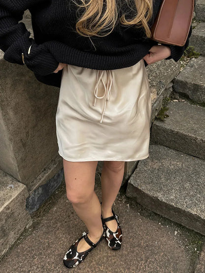 Satin Mini Skirts Women Summer Beige Silk Short Skirt For Woman Drawstring High Waist Black Satin Skirt A Line Women Short 2025