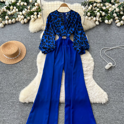 SINGREINY Autumn Leopard Long Jumpsuits V Neck Long Sleeves Belt Wide Legs Pants Women American Retro Senior Office Lady Rompers
