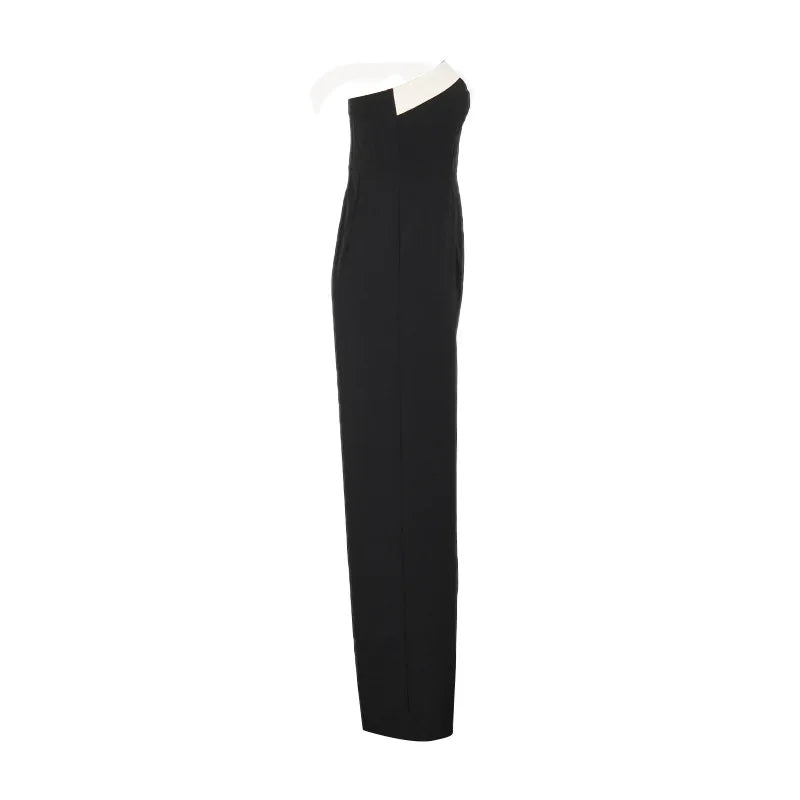 Women's Elegant Sleeveless Jumpsuits Summer High Waist Wide Leg Rompers Fashion Black White Splice Off Shoulder Party Playsuits