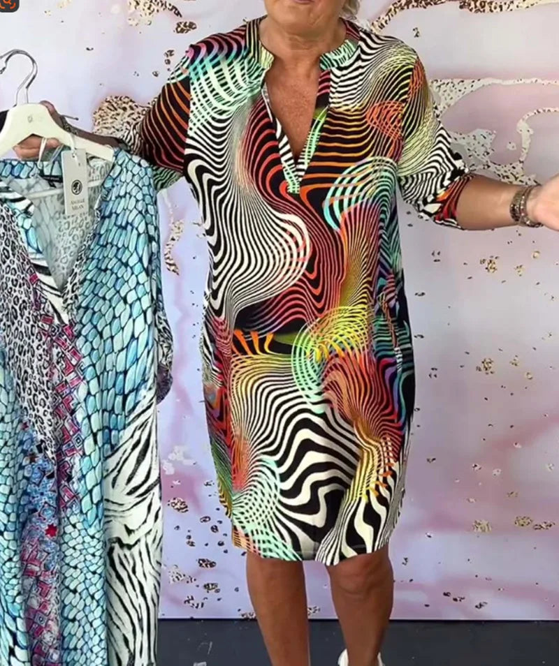 Elegant Printed V-neck Mid-sleeve Dress For Women New Summer Fahsion Casual Loose Office Holiday Party Dresses Women Clothe
