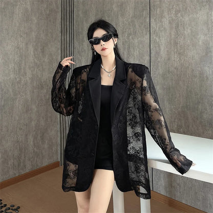 Women Clothing Summer Thin Jackets 2025 Ropa Mujer Patchwork Lace Temperament Coat Sexy Y2k Tops See Through Oversized Outwear