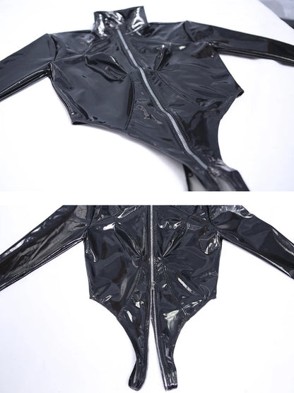 Shiny Faux PU Leather Zipper Open Crotch Bodysuit Wet Look PVC Catsuit Tight Sexy Body Teddies High Cut Swimsuit Leotard Unitard