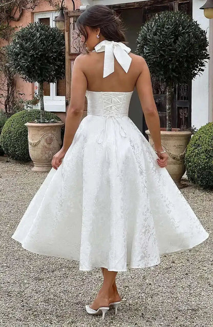 Giyu Club Evening Party Dresses Women 2025 Summer Sexy Bow Halter Long Dress Elegant Jacquard Lace Up Backless Birthday Robe