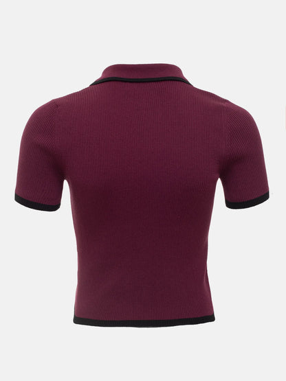 Knit Sweater Pullover Women Short Sleeve Patchwork Slim Lapel Elegant Contrast Knitwear Top Female Skinny Ribbed Pullover