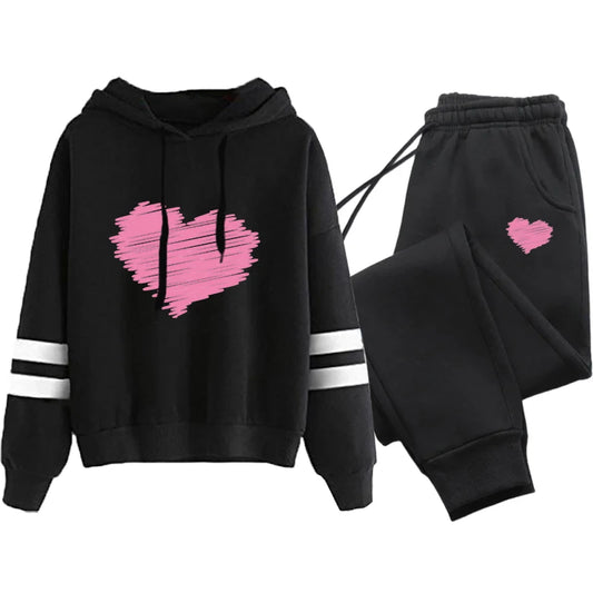 Cute Heart Printed Hoodies Sweatpants Woman Daily Casual Sports Jogging Suit Home Outdoor Comfort Warm Outfit Women's Clothes