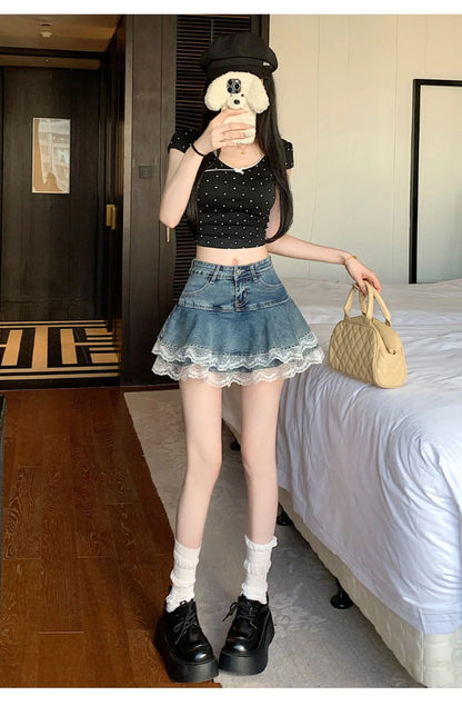 スイートセクシーデニムケーキスカート レディース レトロ ハイウエスト Aライン ミニスカート 女性用 韓国ファッション カジュアル ストリートウェア プリーツスカート Y2K