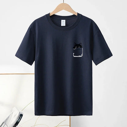 2024 Summer New Pure Cotton Cat Printed Men T-shirts Short Sleeve Casual Solid Color Simple Thin Men Tops BOK0121
