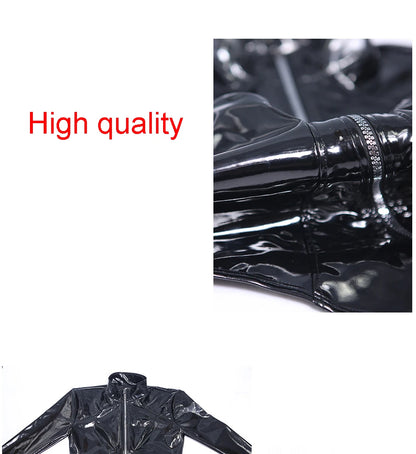 Shiny Faux PU Leather Zipper Open Crotch Bodysuit Wet Look PVC Catsuit Tight Sexy Body Teddies High Cut Swimsuit Leotard Unitard