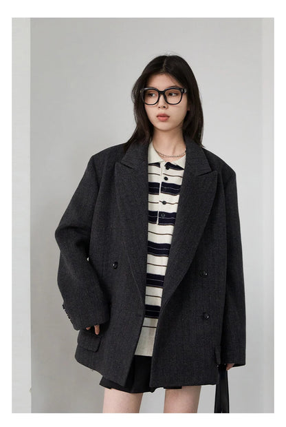 CHIC VEN Women Woolen Blazer Loose Vintage V Neck Female Jacket Suit Double Breasted Office Ladies Coat Spring Autumn 2025