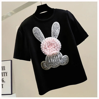 Heavy Industry Rabbit Sequins White Short-Sleeve T-shirt Women Sweet Contrast Color Mesh Cute Flowers Rabbit T Shirt Summer Tees