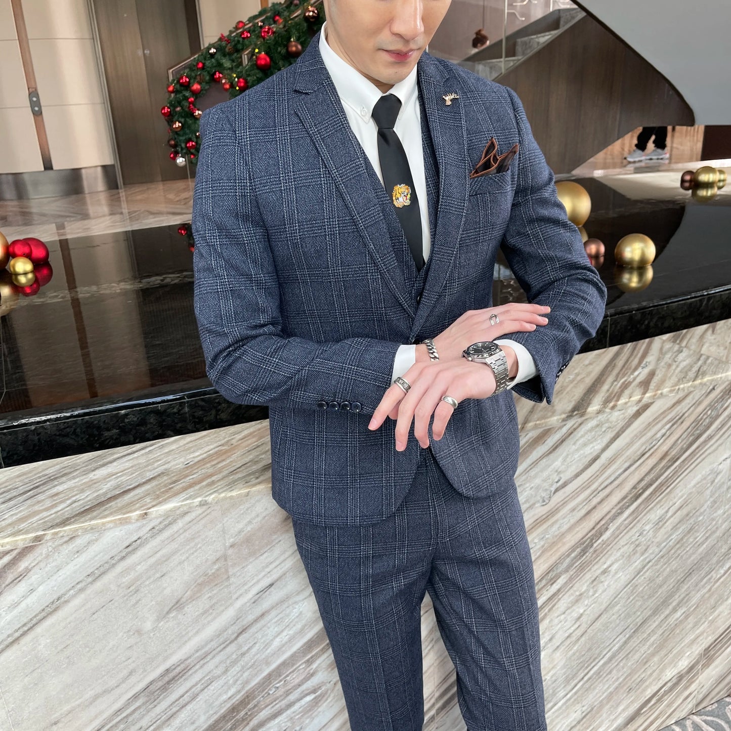 British Korean Style High Quality Modified Plaid Three-Piece Suit for Men - Stylish Business Casual Suit Vest And Trousers Set