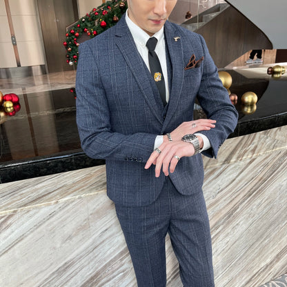 British Korean Style High Quality Modified Plaid Three-Piece Suit for Men - Stylish Business Casual Suit Vest And Trousers Set
