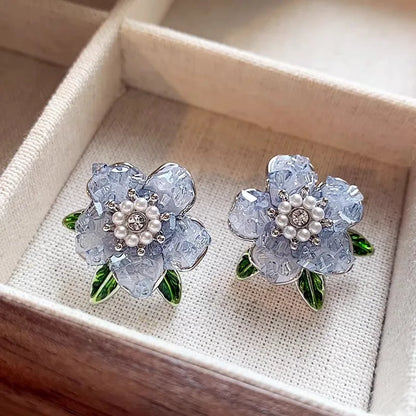 Korean Fashion Pink Blue Crystal Camellia Flower Earrings For Women Elegant Pearl Rhinestone Flowers Stud Earring Casual Jewelry