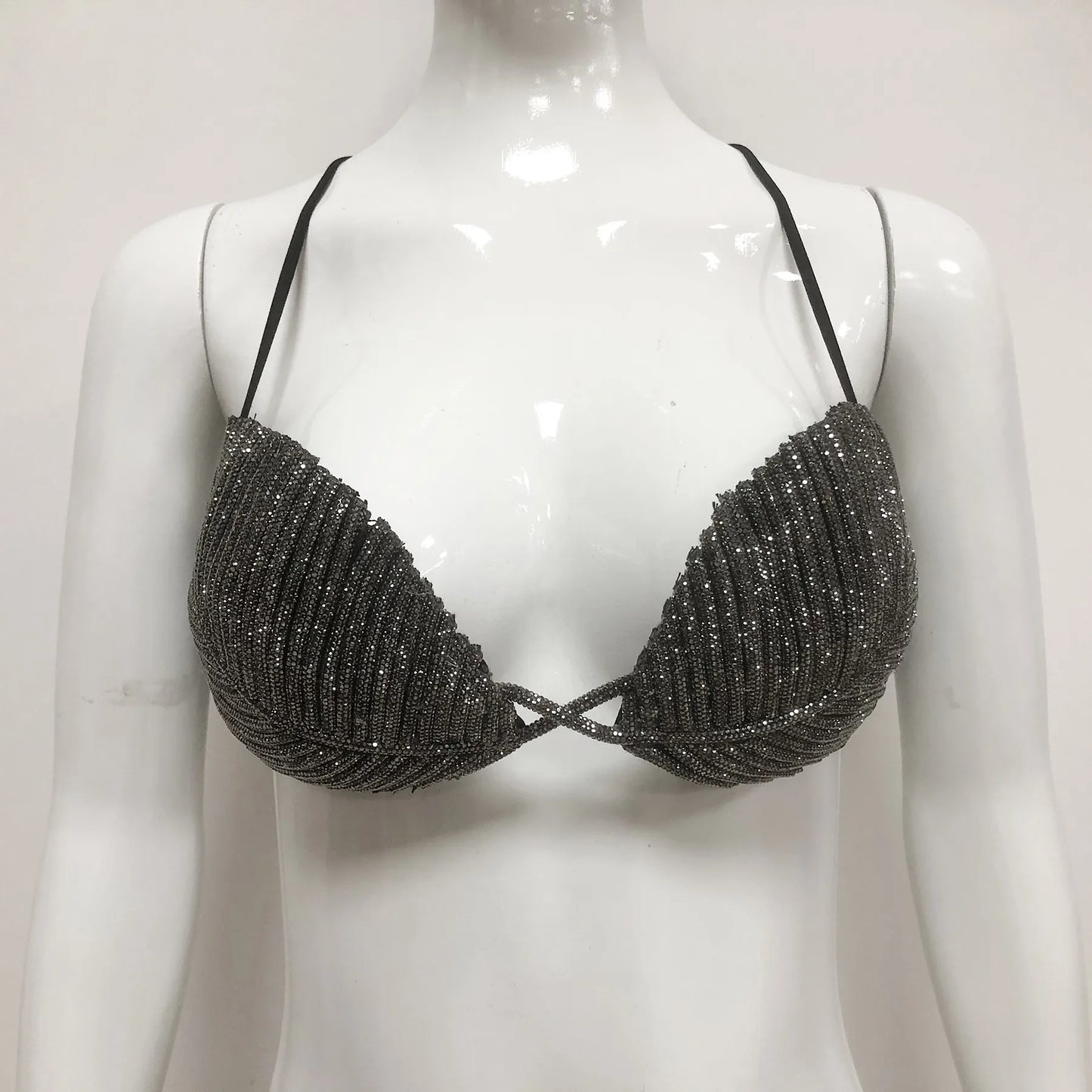 PB Glamorous Crystal-Embellished Leaf-Shaped Spaghetti Strap Bra Top - Ideal for Nightclub Outfits & Bold Fashion Statements