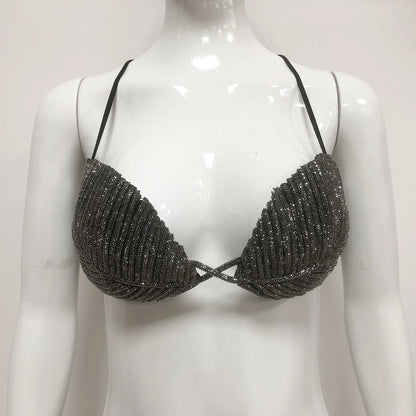 PB Glamorous Crystal-Embellished Leaf-Shaped Spaghetti Strap Bra Top - Ideal for Nightclub Outfits & Bold Fashion Statements