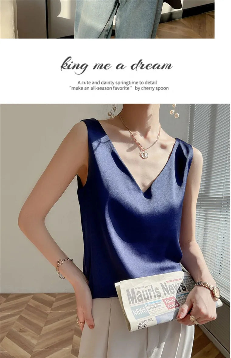 Acetate satin Camisole Women's V-neck Silk Satin vest Top elegant wild Avocado Green white black tank Women Crop Tops
