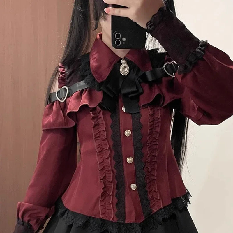 Kawaii Off Shoulder Long Sleeve Shirts Women Black Short Skirt Set Y2K Gothic Ruffle Skirts Lace Lolita Shirt Gown Suit ﻿﻿﻿﻿﻿