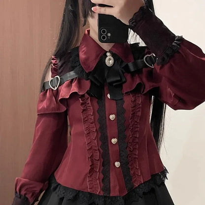 Kawaii Off Shoulder Long Sleeve Shirts Women Black Short Skirt Set Y2K Gothic Ruffle Skirts Lace Lolita Shirt Gown Suit ﻿﻿﻿﻿﻿