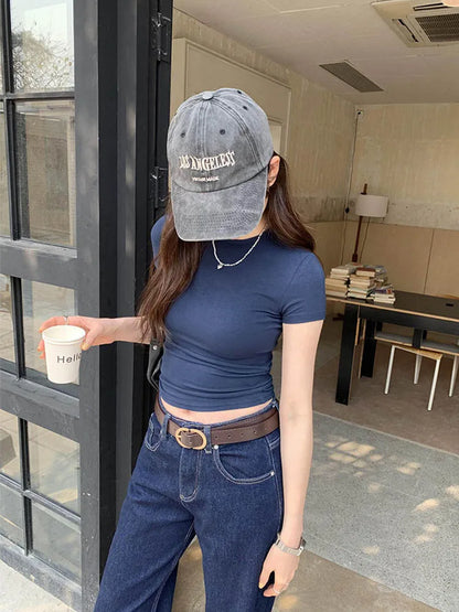 ベーシック無地クロップトップ 半袖クルーネックスキニーティー 夏のカジュアルTシャツ レディース y2kヴィンテージトップ 原宿ストリートウェア