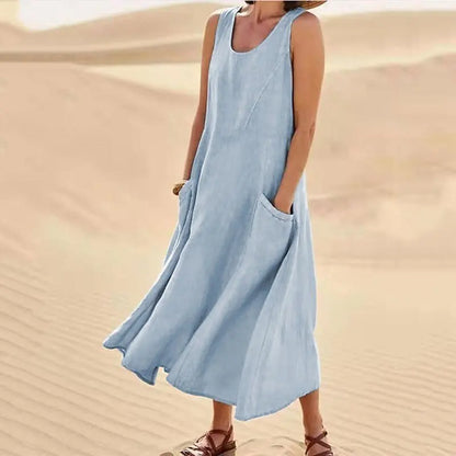 Chic Women Coton Linen Sundress Summer Female Sleeveless Double Big Pocket Loose Sand Beachwear Long Dress Oversized Vestidos