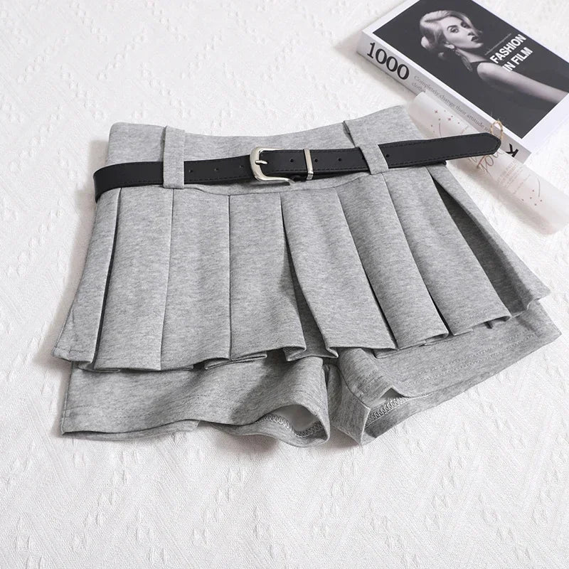 Kimotimo Womens Shorts Autumn Winter Belt High Waist Fluffy Pleated A-line Short Pants Korean Fashion Sexy Y2k All Match Clothes