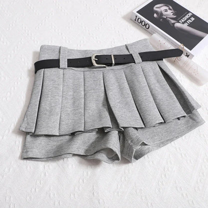 Kimotimo Womens Shorts Autumn Winter Belt High Waist Fluffy Pleated A-line Short Pants Korean Fashion Sexy Y2k All Match Clothes