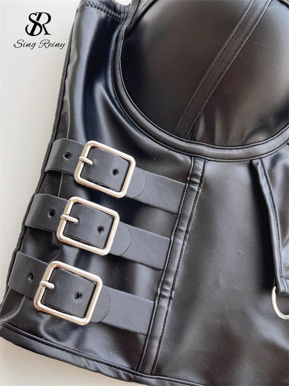 SINGREINY Sexy Cool Girl PU Leather Camis 2025 Fashion Black Backless Straps Tank Women American Retro Clubwear Slim Crop Tops