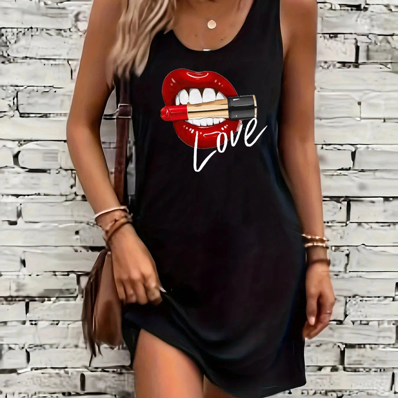 Women's summer loose and comfortable casual lip print letter pattern print black sleeveless vest skirt punk style dress
