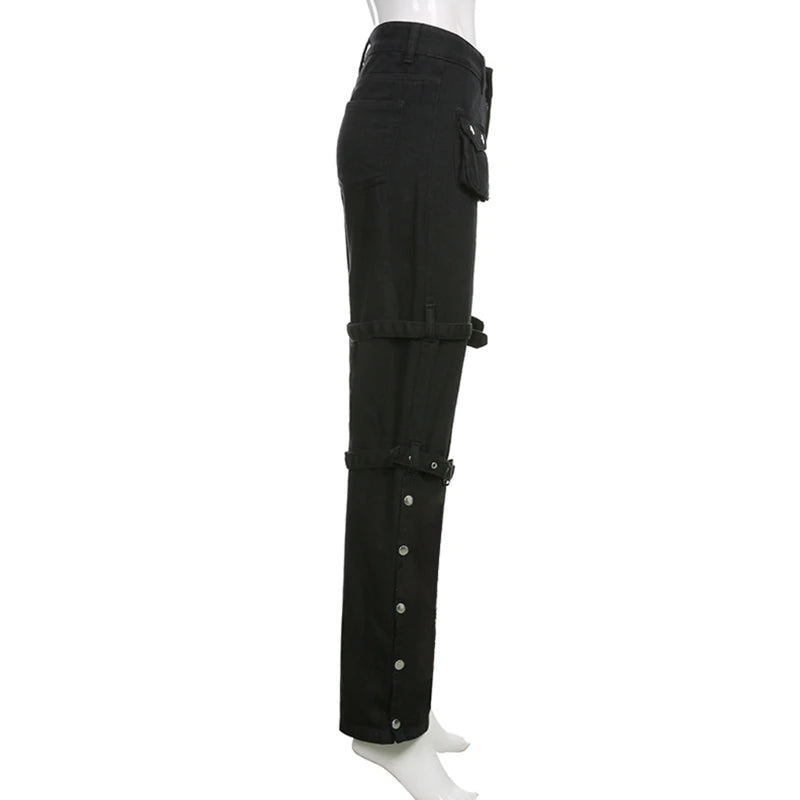 2022 trend Women Black Cargo Jeans with Multi Pockets Metal Buckle Belt Straight Trousers