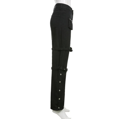 2022 trend Women Black Cargo Jeans with Multi Pockets Metal Buckle Belt Straight Trousers