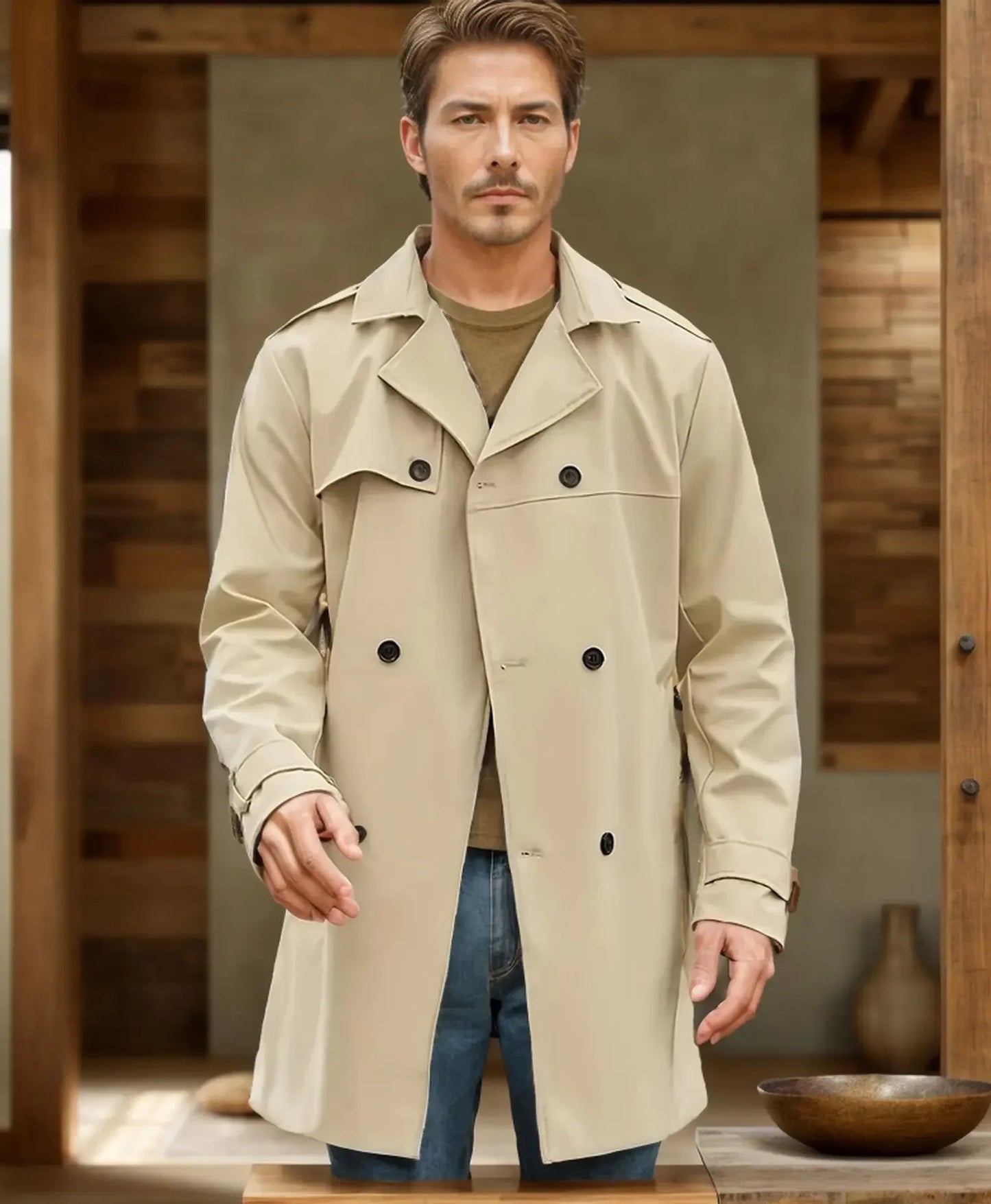 European and American Men's Lapel Slim Fit Double-Breasted Casual Coat Spring and Autumn Solid Color Long Sleeve Windbreaker