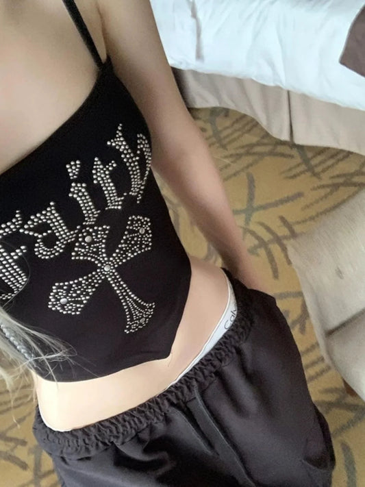 Dulzura Glitter Trendy Crop Top Strap Vest Slim Fit Base irt Hot Girl Summer 2024 ort Sle Letter Pattern Street Sle