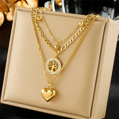 3PCS Set Heart Tree Pendant Necklace Bracelet Earring Set Gold Plating Big Heart Pendant Lucky Tree Crystal Jewelry Set
