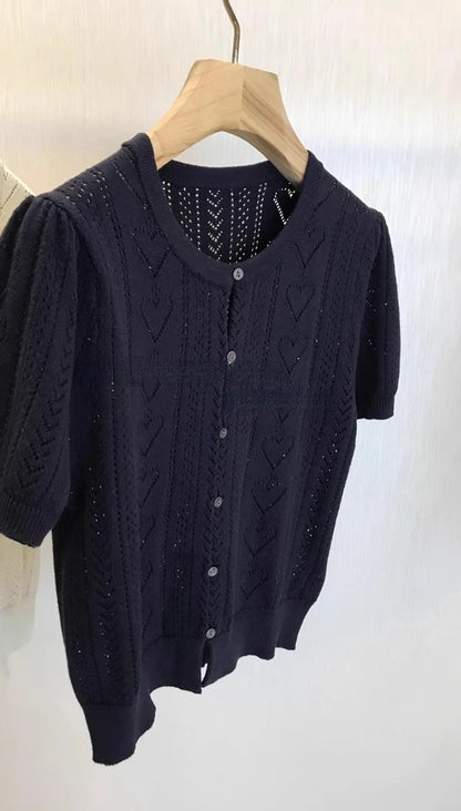 2025 Knitted Love Hollow Out Cardigans Women Summer Puff Sleeve Cropped Sweater Korean Single Breasted Fashion  Woman Clothes