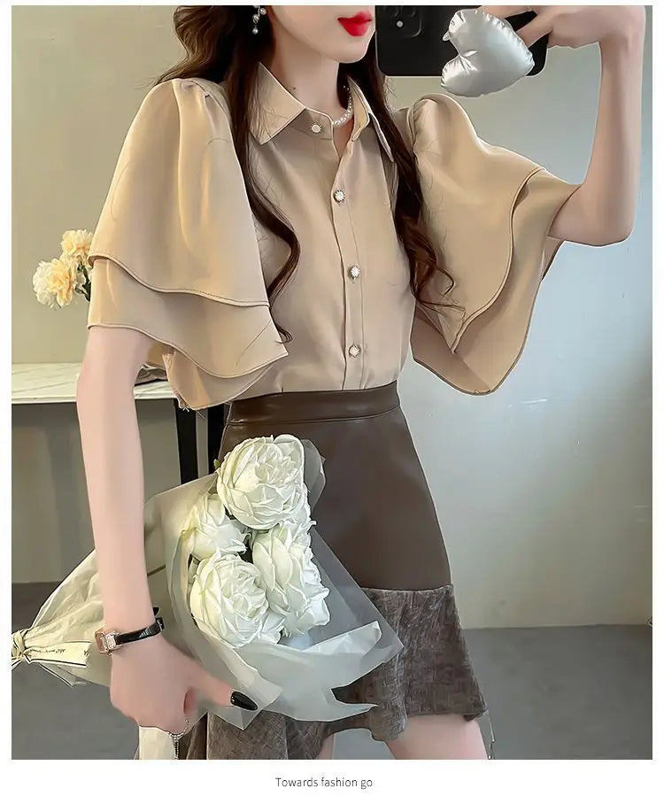 French Lady's Summer Loose Shirt Women's New Loose Blouse Solid Color Ruffle Short Sleeve Chiffon Top