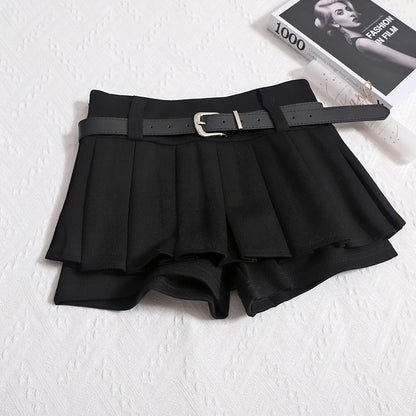 Kimotimo Womens Shorts Autumn Winter Belt High Waist Fluffy Pleated A-line Short Pants Korean Fashion Sexy Y2k All Match Clothes