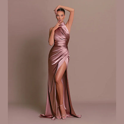 Ladies Summer Satin Evening Birthday Party Dresses Women Sleeveless Backless Halter Side Slit Elegant Long Dress Mowan Clothes