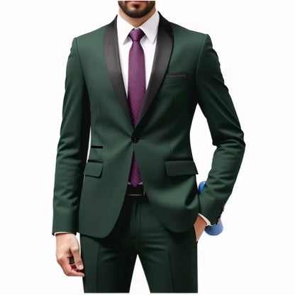 A Two-piece Suit for Men with A Green Collar, A Wedding Suit for The Groom, A Fitted Black Best Man's Suit, and A Wedding Dress