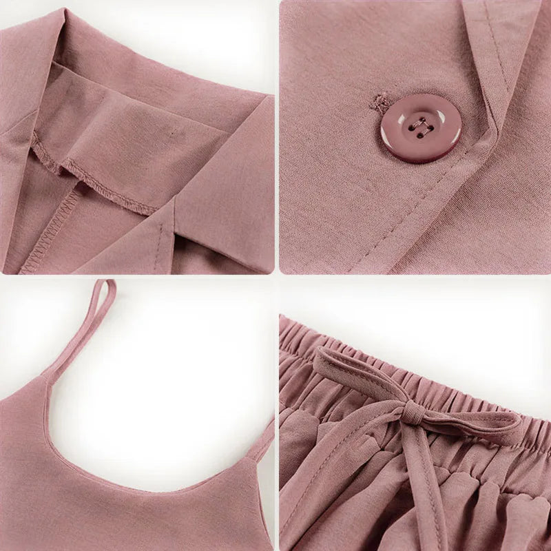 Spring Autumn Korean Style Loose Casual Blazer Camisole Wide Leg Shorts Set Women Simple Elegant Fashion Solid All-match Suit