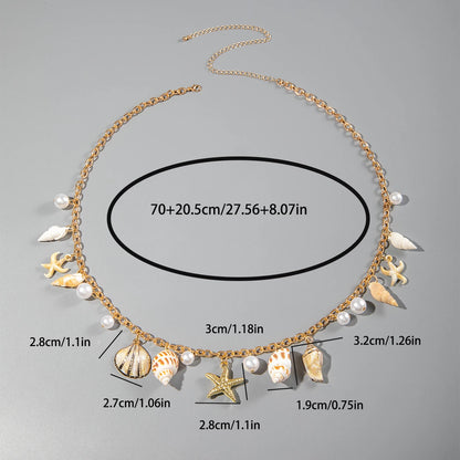 Docona Bohemian Sea Star Conch Waist Chain Women Summer Beach Party Shell Imitation Pearl Body Chain Holiday Accessories