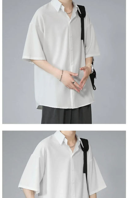Men's Ice Silk Short Sleeve Shirt Casual Loose Fit Korean Style Trendy Black Shirt For Summer Thin Sleeve Casual