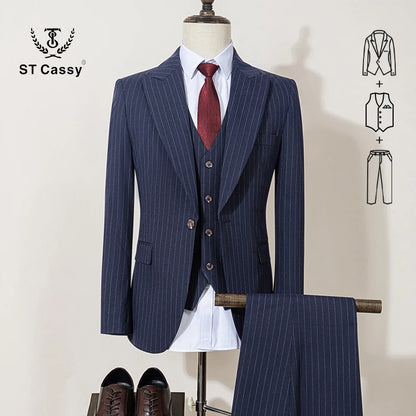 ST Cassy 高品質ブラックストライプスーツ スリムフィット 豪華でエレガントなメンズビジネススーツ 結婚式ファッション服 3点セット
