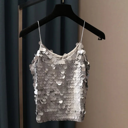 Women Sequins Temperament Sexy Peplum Camisole Top V Neck Strap Camis Club Girls Sequin Sleeveless Short Camisole Vest Tops 2024