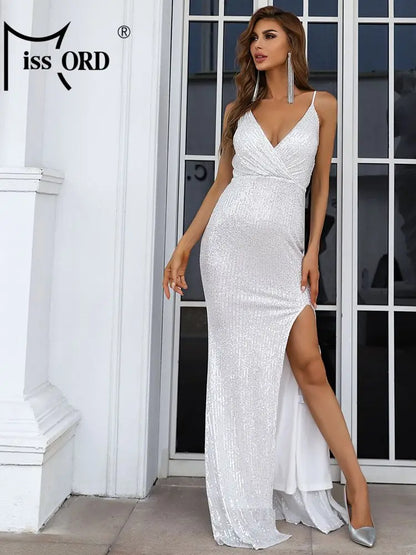 Missord White Sequin Guest Wedding Party Dresses Women Spaghetti Strap V-Neck Thigh Split Prom Evening Dress Elegant Long Gown